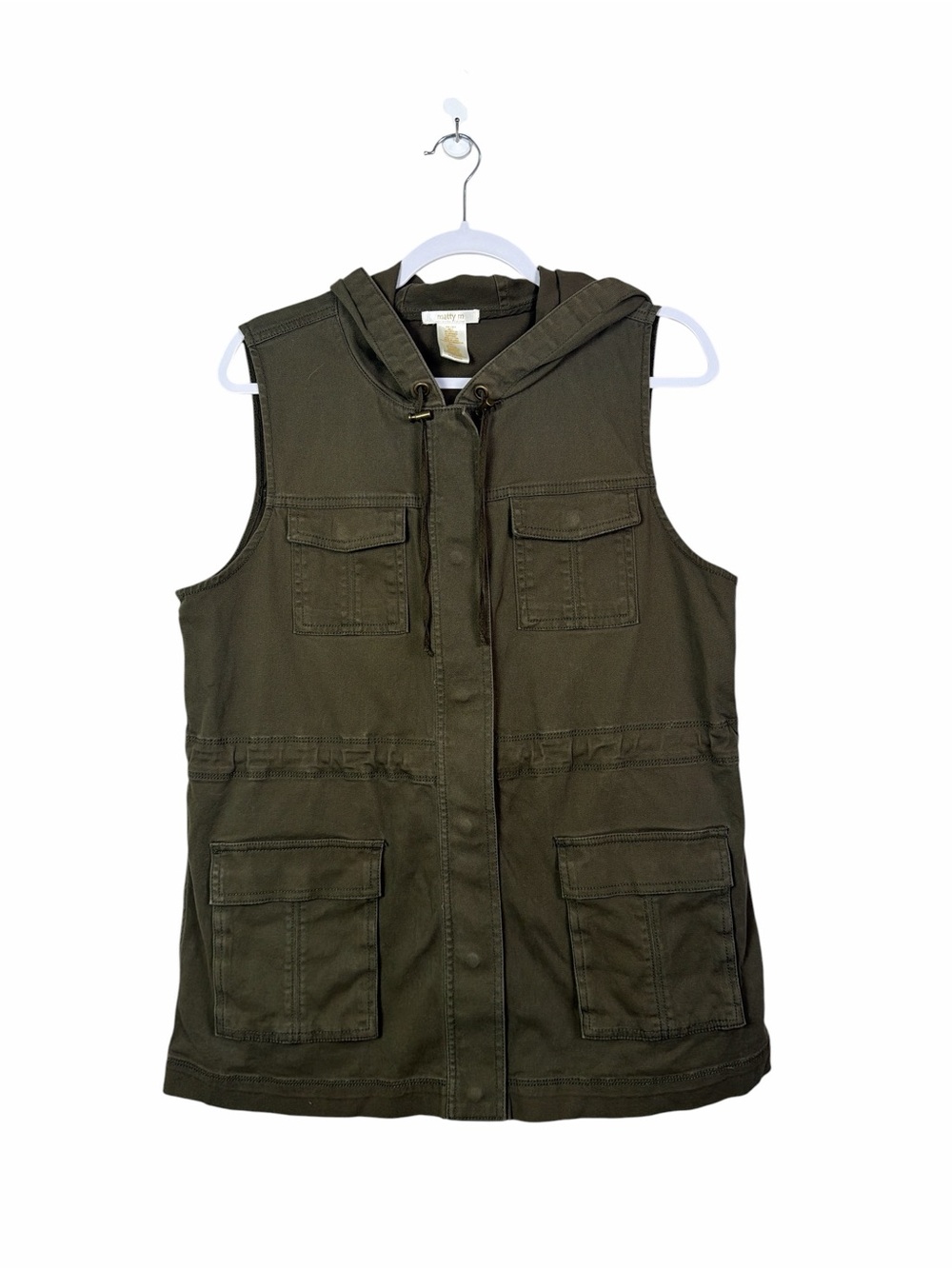Matty M Utility Vest Hooded Olive Green Cargo Vest Safari Military Style Large